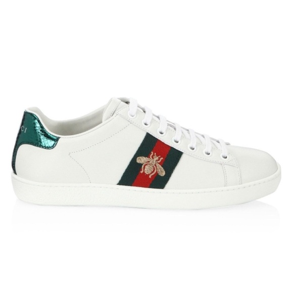 Gucci Ace Embroidered Sneakers White Leather Web Stripe Bee Green Red Size 5.5 - Picture 2 of 14